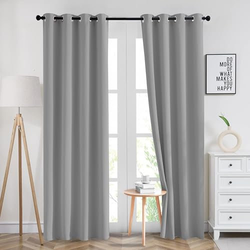 Imperial Rooms Blackout Curtains for Bedroom 46x54 Inch Eyelet Light Grey Curtains Window Treatments Super Soft Ring Top Living Room Curtain 2 Panels with Tiebacks