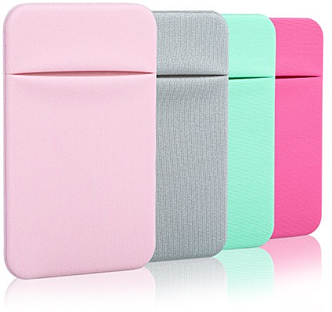 Costyle 4 Pack Slim Cell Phone Card Holder for Back of Phone, Stretchy Lycra Stick on Credit Card Wallet Pocket ID Case Pouch Self Adhesive Sticker for iPhone, Galaxy Phones- Pink Gray Mint Green Rose