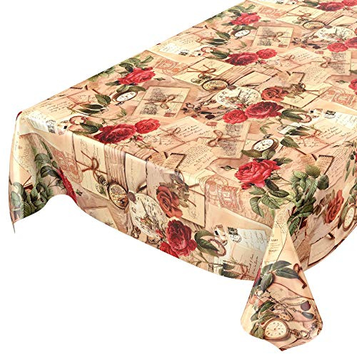 ANRO Bordsduk, vaxduk, vaxbordsduk, lantställe, rosor, brev, 240 x 140 cm, kantad