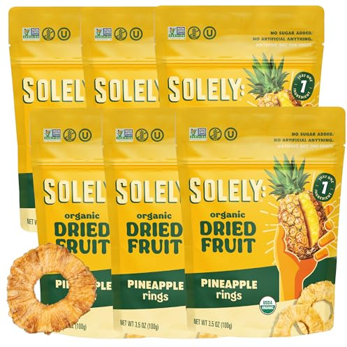 SOLELY - Organic Dried Pineapple Rings (3.5 oz Resealable Bags, Pack of 6) - Real Fresh Fruit - 1 Ingredient - Healthy Snacks for Adults & Kids - Non GMO, Vegan Snacks, Shelf Stable - 6 Bags (21 oz)