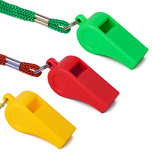 SAVITA 3 Pièces Sifflets en Plastique avec Lanière, Sifflet de Sport en Entraînement Urgence de Survie Sport pour Entraîneur Enseignant Dressage de Chiens (Jaune, Vert et Rouge)