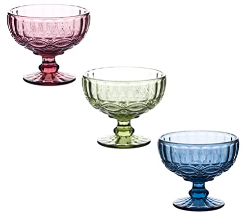 UPKOCH Coupes à Glace en Verre de 12 Onces (350 ML) - Bols à Dessert en Verre à Motif Pressé Vintage - à Cocktail Bagatelle/Fruit/Salade Lot de 3 (Bleu + Vert + Violet)