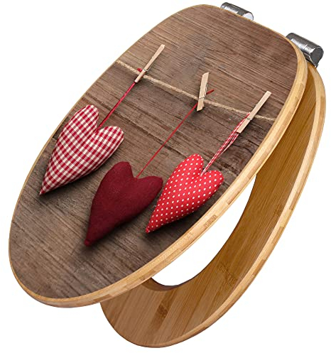 banjado Design WC Sitz Bambus Absenkautomatik 45,8x37,5cm / Toilettendeckel mit Absenkautomatik Holz/hochwertiger Bambus Klodeckel/WC-Sitz für gängigen Toiletten/Motiv Herzen