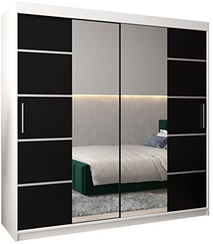 ABIKSMEBLE Verona 4 200 Armadio a Due Ante Scorrevoli per Camera da Letto - Armadio Moderno con Specchio, Appendiabiti e Ripiani - 200x200x62 cm - Bianco Opaco + Nero Opaco