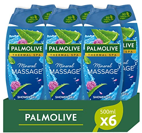 Palmolive Termisk spa mineralmassage 500 ml x 6 | Duschgel med havssalt och Aloe | Duschtvål med ingredienser av 93% naturligt ursprung | 30% återvunnen plast