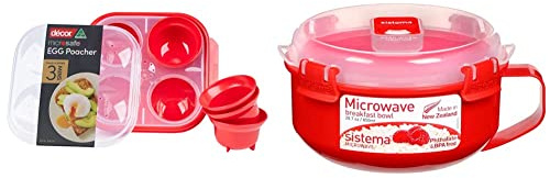 Décor Microwave Egg Poacher for 4, Red Plastic Round Microwave Container with Lid, 850 ml, 1 Count