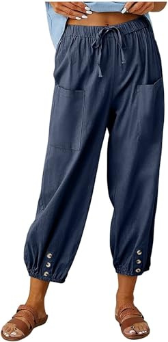 ASKSA Pantalon 7/8 Femme Été Lin Ample Longueur Pants Cordon pour Décontracté à Jambes Léger en avec Poches (Bleu Marine,L)