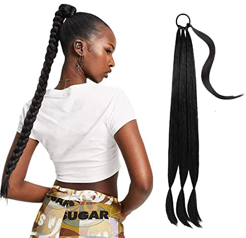 1PCS Extensión de coleta larga, 76cm coleta larga trenzada con lazo de pelo, DIY natural suave coleta sintética para las mujeres, Negro