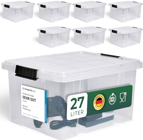 Novaliv 8x Aufbewahrungsboxen mit Deckel 27L transparente Nestbar stapelbare Storage boxes mit Clipverschluss Kunststoffbox BPA-frei 46,5x36,5x24 cm