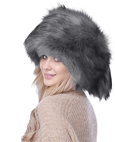 NICEYEA Damen Pelzmütze Fellmütze Russische Kunstpelzmütze Ohrenwärmer Faux Fuchs Warm Wintermütze Pompom Weich Stirnband Hut Winter Ski Fellimitat Schwanzkappe-Eleganter Kosakenstil