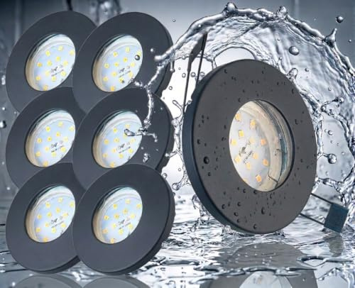 Trango 6er Set IP65 BAD Einbaustrahler 6729IP65-061-5WAK Anthrazit matt inkl. 6x 5 Watt GU10 LED Leuchtmittel 3000K warmweiß & Fassung Außen Einbauleuchte, Badleuchte, Deckenspot Dusche Deckenstrahler