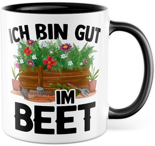 Gärtner Tasse mit Spruch -Geschenk Ich bin gut im Beet - Kaffeetasse 330ml aus Keramik - lustig Hobbygärtner Garten Humor Geschenkidee Männer Papa Pflanzen Kaffee-Becher (Weiß/Schwarz)