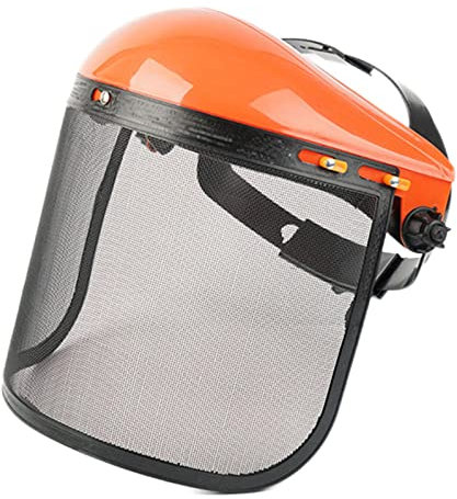 Maschera protettiva per il taglio dell'erba, visiera in rete metallica, casco in maglia d'acciaio arancione