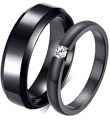 ANAZOZ Edelstahl Ringe Set Partner, Partnerringe mit Gravur Trauringe Parre Schwarzer Ring mit Zirkonia Frau 57 + Mann 54