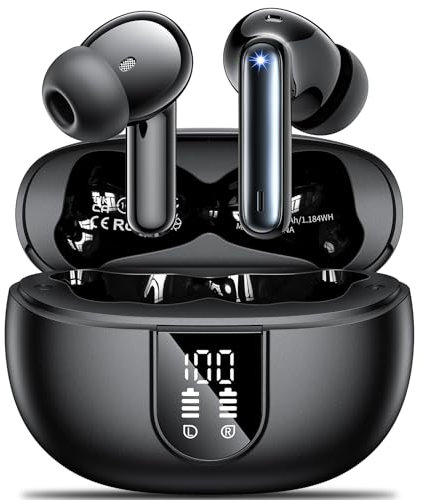 Cuffie Bluetooth, Auricolari Bluetooth 5.3 con 4 HD Microfono Cancellazione Rumore, Cuffiette Bluetooth Sport con LED Display, 42 Ore di Riproduzione,Cuffie Wireless In Ear per Android iOS Nero