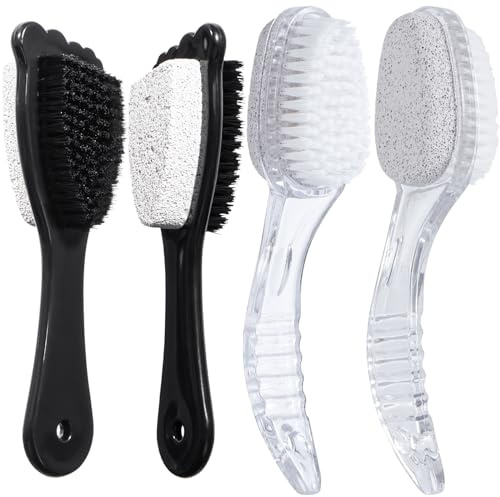4 Packungen Fuß Bimsstein Bürste Hornhautentferner, Beomeen 2 in 1 Fußdusche Pediküre Scrubber mit Griff, Fußfeile mit dichten Borsten für Tiefenreinigung und Peeling, Entfernung trockener Haut