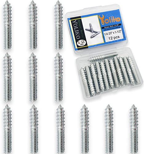 Yoliko 12 Pack 1/4-20 x 1-1/2 Inch Silver Hanger Bolts 1/4-20 Double Headed Bolts 1/4 Wood Dowel Screw Self-Tapping Screw Hanger Bolts for Furniture Screws Double Screw Threaded Rods Bolt 37mm length
