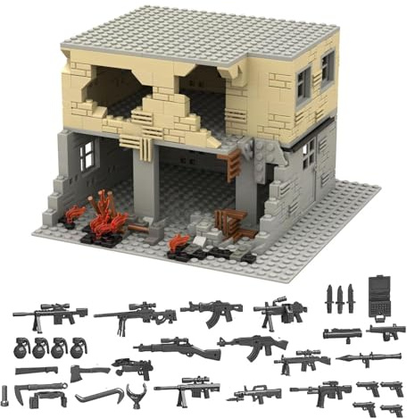 UpGLeuch Klemmbausteine WW2 Ruine Militär Szene mit Militär Waffen Set, Militär Basis Bausteine Diorama Bausatz ww2 Militärspielzeuge