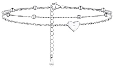 PROSILVER doppellagige Knöchelkette 925 Silber Buchstabe F Herz Charm-Fußkette 22+5cm Fusskettchen mit Initiale schlichte Fußarmband Fußschmuck Accessoire für Frauen Mädchen