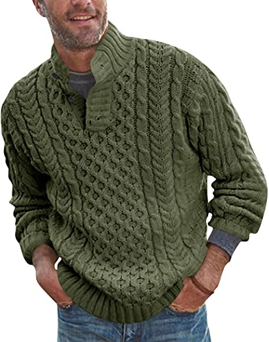 Runcati Mens Knit Jumper Pullover Chunky Button Neck Casual Knitted Cable Knitwear