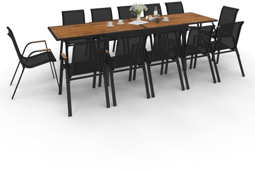 IDMarket - Salon de Jardin NOUMEA Table Extensible 135/270 cm Plateau Effet Bois et 12 chaises empilables Noir et Bois