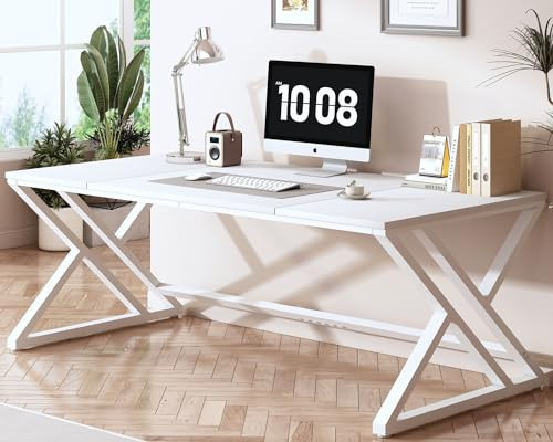 HSH Schreibtisch Weiß 180x80 cm Computertisch für HomeOffice | Bürotisch mit Holz Metall, Modern PC Tisch für Arbeitszimmer mit Breiter Ablagefläche für Zwei Personen