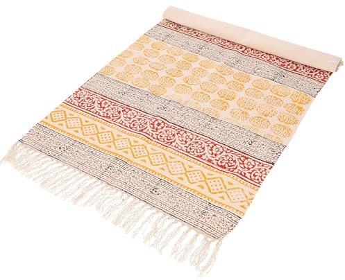 GURU SHOP Handgewebter Blockdruck Teppich 190x135 cm, Traditionelles Design, Indischer Baumwollteppich, Bad Läufer - Gelb/rot, Orange, Baumwolle, Teppiche, Bodenmatten