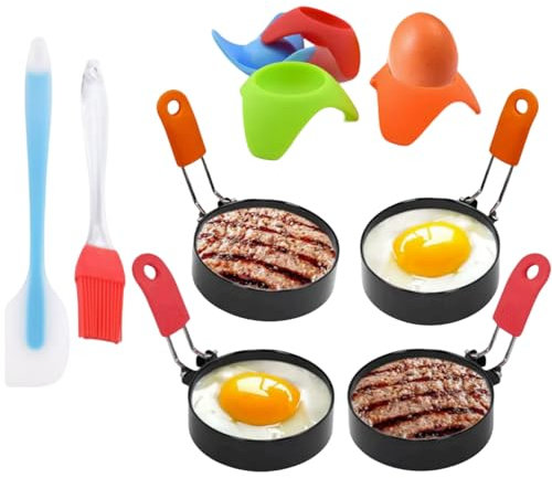 JSQJ Spiegeleiform für Bratpfanne Egg Ring Rund 4 Stück Ei Ring Eierringe Edelstahl Antihaft Pfannkuchenform mit Klappgriffen, mit Ölpinsel, Spateln, 4pc Eierhalter in Silikon