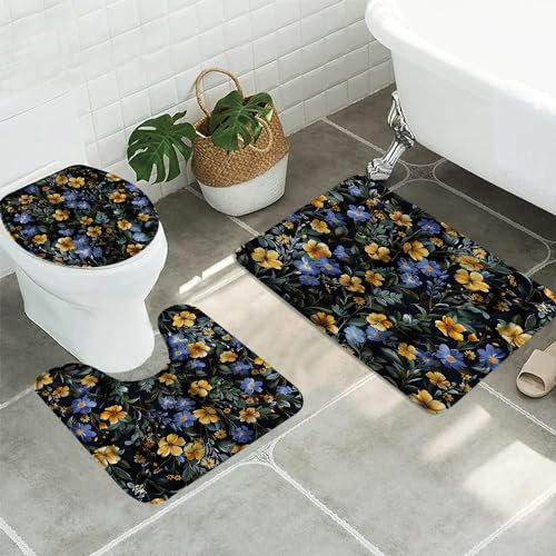 Wc Vorleger Set 3 Teilig Blaue Und Gelbe Blume Rustikale Frühlingsblüte Blume Grüne Eukalyptusblatt Pflanze Auf Schwarz Badteppich-Set 3-Teilig rutschfeste Badematte