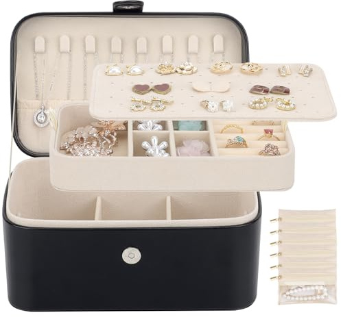 DesignSter Jewellery Box Organiser, Travel Jewellery Storage with 6 Velvet Jewellery Transparent Pockets, 2 Layer Portable Jewelry Case with Removable Tray for Necklace Earring, Black