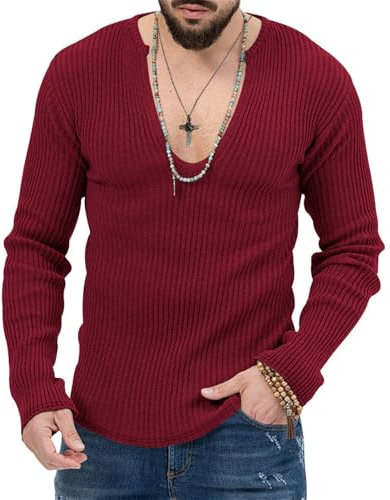 ZEMALON Sweater Herren Jugend Mode Temperament Langarm Sweater Herren Slim Fit Warm Komfortabel Knit Sweater Herren Casual All-Match Einfarbig Basic Pulli Herren G-Date Red M