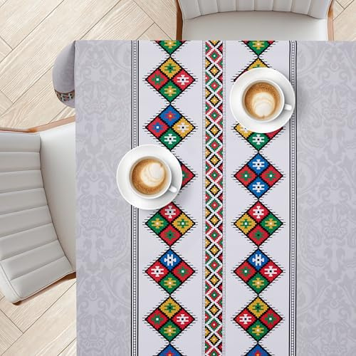 KP HOME Tovaglia Cerata Grigia Con Stampa Indiana Elegante – Quadrata 140x140 cm – Tovaglia In PVC Impermeabile Con Dettaglio Artistico Folk – Vinile Lavabile Per Interni Ed Esterni