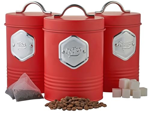 Cooks Professional 3 Piece Tea Coffee Sugar Cannister Set | Labelled Storage Tins | Containers with Airtight Lids | Canisters for Kitchen Accessories & Essentials | Red & Silver
