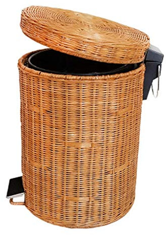 Rattan Round Waste Basket with Lid 8L Yellow Pedal Trash Can for Kitchen Office and Home Garbage Can with Pedal Waste Bin for Indoor Use