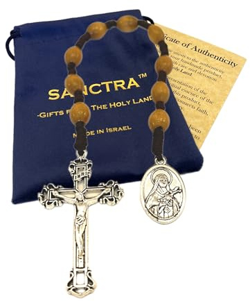 Chapelet de Poche, Fait Main et Bénit en Terre Sainte, Perles de Prière avec Médaille de Saint et Croix/Crucifix, Pochette Cadeau et Certificat d’Authenticité