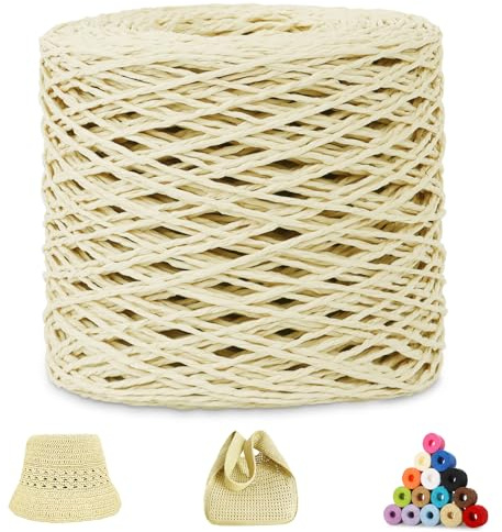 CAMAL Raffia Garn zum Häkeln, Papierdraht Bastband zum Basteln 1.5mm x 200m Raffia Bast Bunt Papiergarn zum Häkeln Von Taschen, Strandmütze, DIY Handarbeiten (Beige)