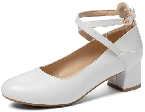 OALEEN Chaussures Escarpins Femme Eté Petit Talon Carré Boucle Bride Cheville Croisée Bout Rond Soirée Mariage Blanche 38