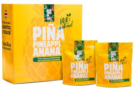 Alma Tropical - Piña Deshidratada 100% Natural de Costa Rica (Caja 24 x 50g) | Snack saludable, Sin azúcares añadidos, Sin Alérgenos, Sin Glúten, Sin Conservantes