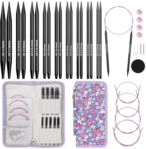 Aeelike Austauschbare Rundstricknadeln Set Metal, Praktisch Rundstricknadel Set Austauschbar mit Etui und Zubehör, 9 Paar Runde Stricknadel Set zum Stricken von Socken, Mützen und Decken, Lila Blume | Rundstricknadeln mit Etui, 3-8 mm, runde austauschbare Stricknadeln, 4 Kabel, Rundstricknadeln zum Stricken