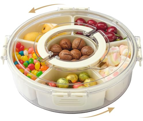 Neuytiky Snack Box Ronde,Boîte à Goûter Avec Compartiments,Plateau de Service Divisé Avec Couvercle et Poignée,Bol à Collation Rotatif,Pour Collations,Noix,Fruits