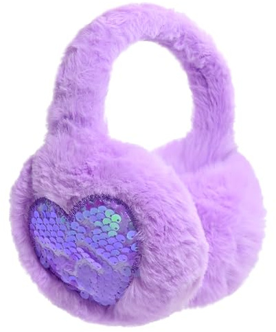 IHCEMIH Ear Muffs Girls Women Earmuffs Fluffy Plush Heart Sequins Foldable Earmuff Winter Accessories Ear Warmers Running Skiing Ears Covers Protectors from Cold Wind Outdoor Gift for Children Purple