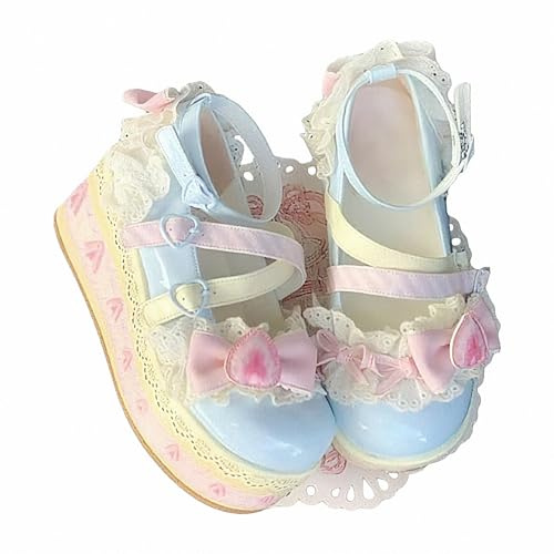 FQLGJMY Dam Lolita Mary Jane läderskor Gotisk rund tå tjock plattform klack spets knut-båge Färgrik Punk Rock söt Kawaii med JK Bubble Princess klänning Denim kjol Jeans, 37 EU