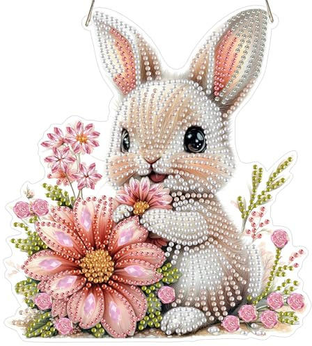 DAERLE Diamond Painting Anhänger Hase mit Blume, 5D Diamond Painting Fensterbilder Hängend für Erwachsene, Hängende Ornament Bastelset Set Ornament Tür Fenster Wand Decor, Osterhase