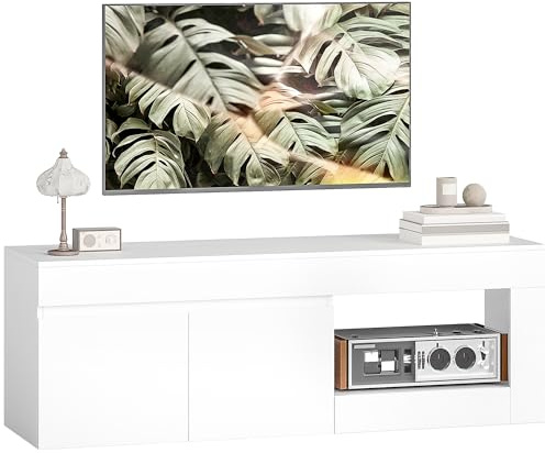HOMCOM Mueble de TV Moderno, Mesa de TV para Salón con 2 Puertas, Estante Abierto, para Televisión 60 Pulgadas, 140x40x48 cm, Blanco