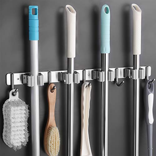 OMATOP 304 Stainless Steel Broom Mop Holder, Wall Mounted Heavy Duty Broom Storage with 4 Racks and 5 Hook, Organizer for Kitchen, Bathroom, Garage and Garden, Gray