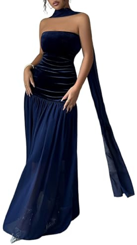 ORANDESIGNE Donna Abito Velluto e Chiffon Lungo Elegante Vintage Abito Senza Spalline Abiti Midi Estivi Vestiti da Cocktail Sera Cerimonia con Sciarpa A Blu XS