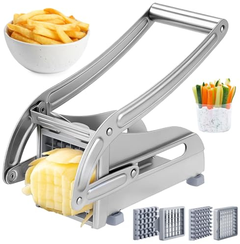RANJIMA Pommesskärare rostfritt stål, pommespress, potatisskärare skivor med 2 bladstorlekar (36/64 rutnät), halkfri gummifot, potatisskärare med mjukt touch-handtag