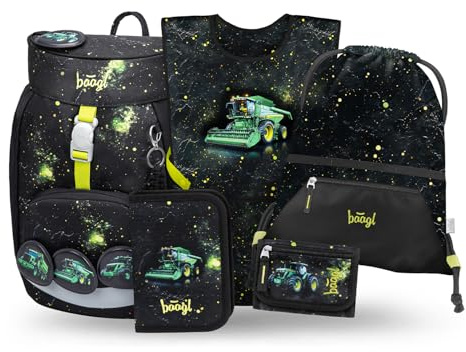 Baagl Schulranzen Jungen Set 5 Teilig Airy Schulrucksack 16,5 l - Traktor | Schultasche für 1. Klasse Grundschule Ranzen mit Mäppchen, Schürze und Brustbeutel bietet reflektierende Elemente.