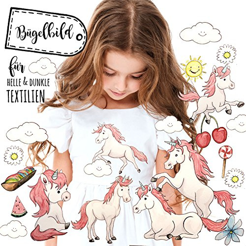 ilka parey wandtattoo-welt® Bügelbilder Set Einhörner Wolken & Regenbogen Bügelbild Applikation Einhörner Set bb063 - ausgewählte Größe: *M - 14 cm breit x 21 cm hoch*