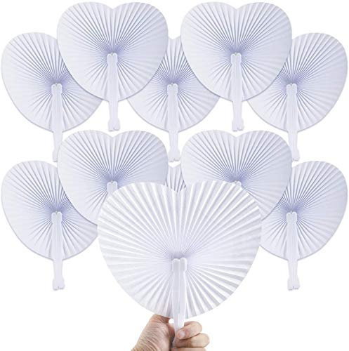 Icelus 60 Pcs White Heart Folding Paper Hand Fans,Decorative Wedding Foldable Handheld Fans Chinese and Japanese Fan Bulk for Bridal Guest Church Party Favors Dancing Birthday DIY
